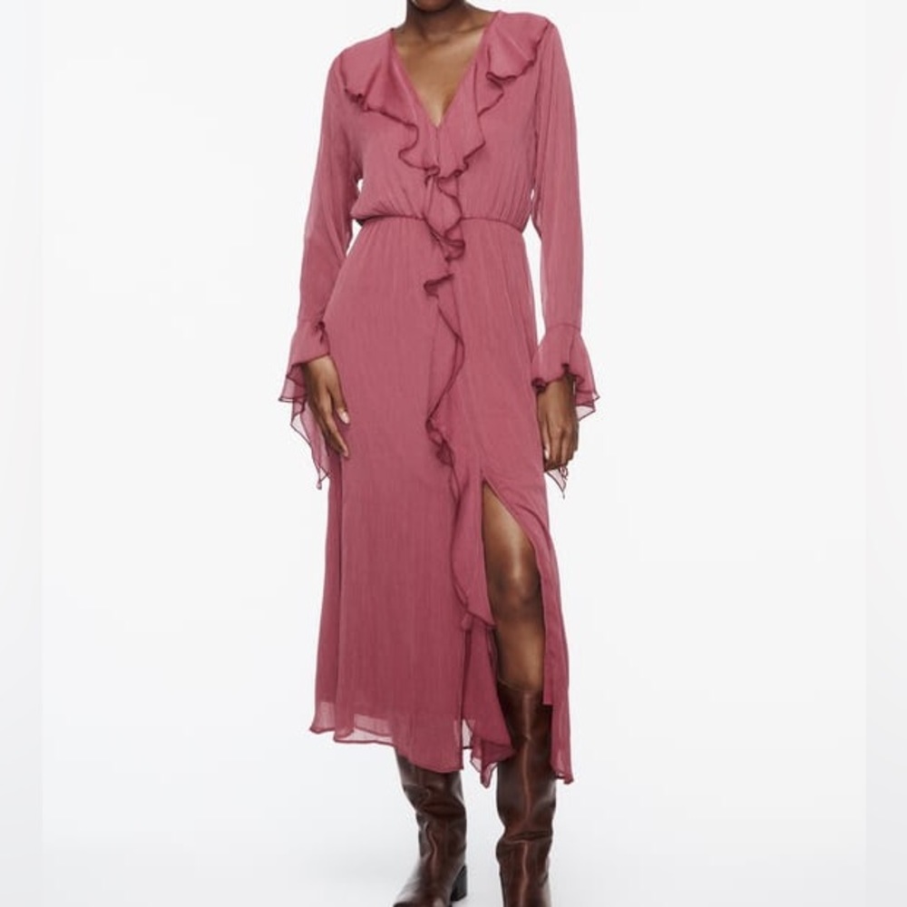 NWT ZARA RUFFLED GEORGETTE MIDI DRESS